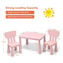 Pink kids plastic table and two-chair set: dimensions and load limits.