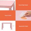 Pink kids plastic table and two-chair set: rounded edge and cleaning graphic.