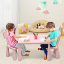 Pink kids plastic table and two-chair set: two children drawing in a room.