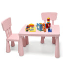 Pink kids plastic table and two-chair set: alternate product angle with toy props.