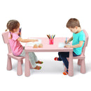 Pink kids plastic table and two-chair set: two children drawing on white background.