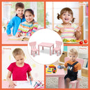 Pink kids plastic table and two-chair set: everyday activity collage.
