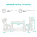 White kids plastic table and two-chair set: dimensions and load limits.