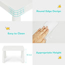 White kids plastic table and two-chair set: rounded edge and cleaning graphic.