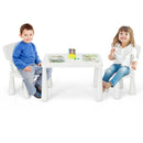 White kids plastic table and two-chair set: two children with books on white background.