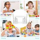 White kids plastic table and two-chair set: everyday activity collage.