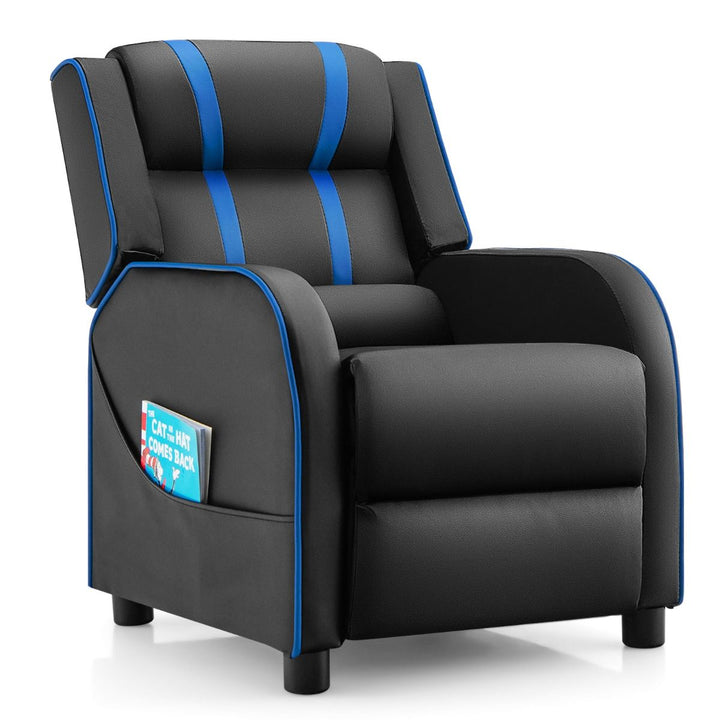 Kids Push-Back Recliner with Side Pockets, Blue, view 6