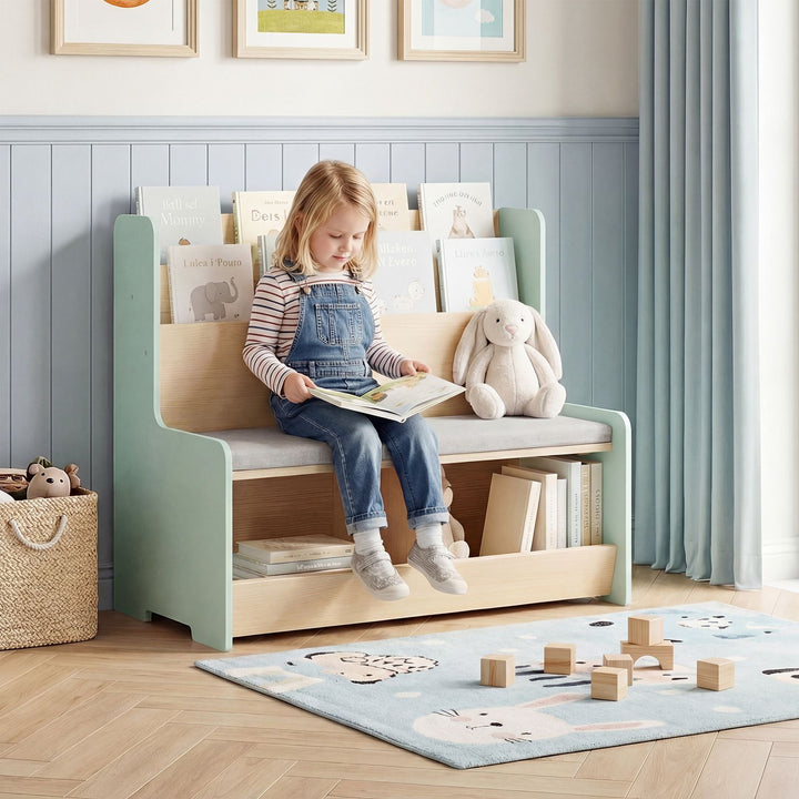 Kids Reading Bench with Book Display and Two Cubbies – Green product view 1