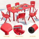 Red activity table details: rounded edge, metal leg connector and non-slip foot pad. Table only; chairs and accessories not included.