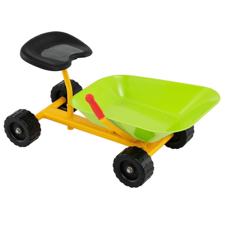Kids Ride-On Sand Dumper with Tipping Tray – green dumper with black seat and four wheels