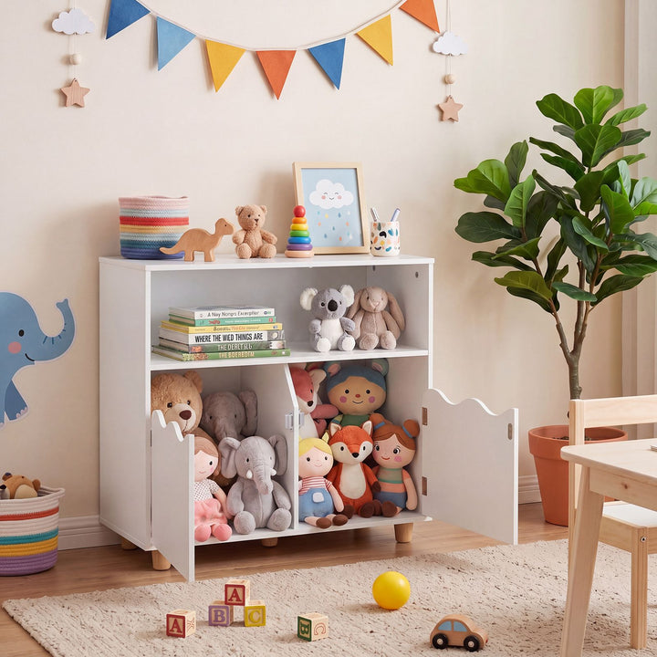 Kids Storage Cabinet with Open Shelf and Two Doors – White product view 1
