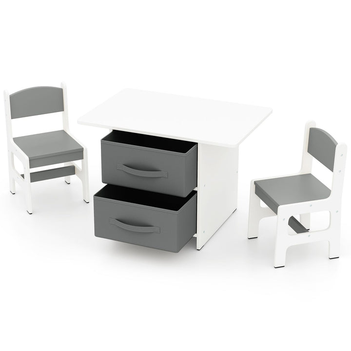 White and grey kids table and two chairs with fabric storage bins, view 3