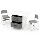 White and grey kids table and two chairs with fabric storage bins, view 3