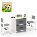 White and grey kids table and two chairs with fabric storage bins, view 4