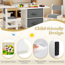 White and grey kids table and two chairs with fabric storage bins, view 6