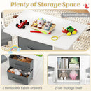 White and grey kids table and two chairs with fabric storage bins, view 7