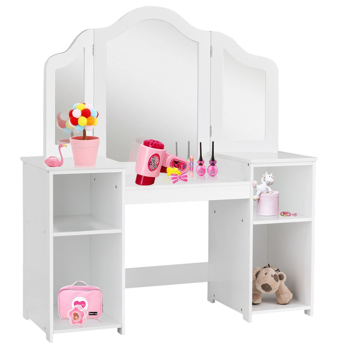 Kids Vanity Table with Tri-Fold Mirror and Four Shelves – white vanity with tri-fold mirror