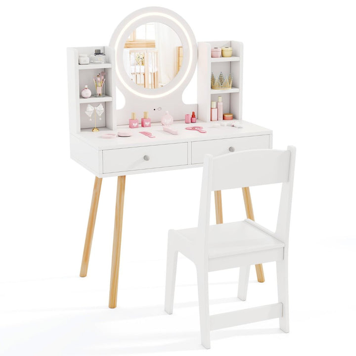 Kids Vanity with Lighted Mirror and Side Shelves, White, view 2