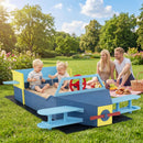 Kids Wooden Aeroplane Sandpit with Bench and Liner – two children playing beside family