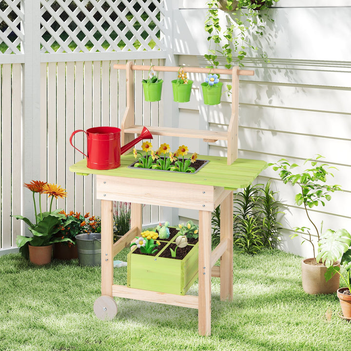Kids Wooden Gardening Bench with Flowerpots and Watering Can, Natural, view 3