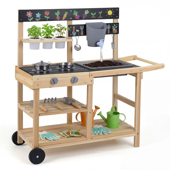 Kids Wooden Mud Kitchen with Wheels and Planter Cups, Natural, view 4