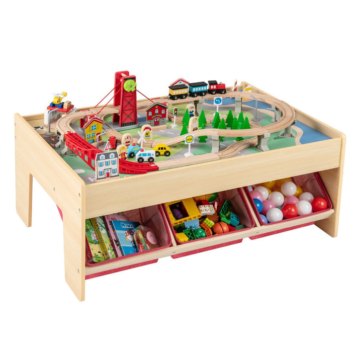 Kids Wooden Train Table with 94 Accessories and Storage Bins, Red, view 2