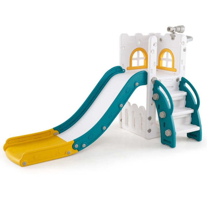L-Shaped Toddler Slide with Telescope and Basketball Hoop – yellow playset with telescope and hoop