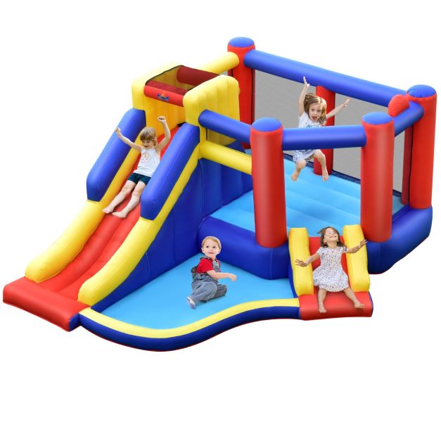Red, yellow and blue inflatable bounce castle with long slide and front play area