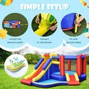 Inflatable castle unfolding, blower connection and ground-stake setup