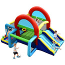 Dual-slide bounce castle with a mesh-sided jumping area, covered ball-pit area and ball games; blower not included