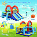 Bounce castle with the included rings, basketball, football, hand pump, seven stakes, repair patches and carrying bag