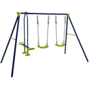 Blue and green swing set with two belt swings and a two-person glider