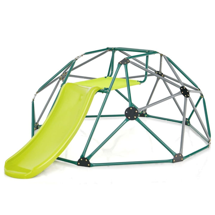Grey option: climbing dome with grey and green-toned frame, lime slide and fabric platform