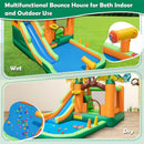 Monkey inflatable water park shown in wet and dry arrangements; play balls shown are not included