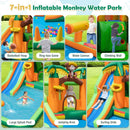 Separate views of the monkey water park play features; play balls and rings shown are not included
