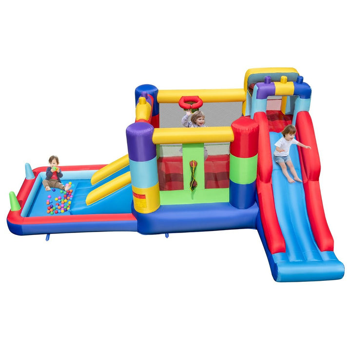 Building-block themed bounce house with two slides and ball-pit area; blower not included
