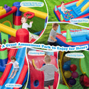 Jumping area, two slides, climbing wall, ball pit, basketball hoop and ring-toss posts; rings excluded