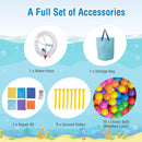 Included water hose, carrying bag, repair kit, eight stakes and 50 play balls