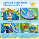 Ocean castle play features including jumping area, slide, hoop, sprinkler and water cannon