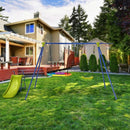 Outdoor metal playset with belt swing, rainbow saucer swing, green slide and basketball hoop