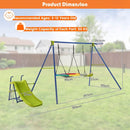 Swing playset dimensions, ages 3–12 and 50 kg per activity load guide