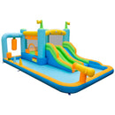 Dual-slide inflatable water park with bouncing area, boxing post, splash pool and water cannon; blower not included