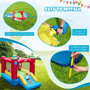 Bounce house setup showing blower connection and ground-stake anchoring; blower inclusion depends on the selected package