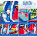 Slide, climbing wall, water cannon, pools, basketball hoop and ring-toss posts; basketball and rings are not included