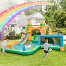 Twin-slide inflatable water park with splash pools and ball-game area