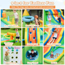 Water cannons, climbing wall, slide, tunnel and ball games; rings and balls are not included