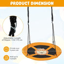 Yellow saucer swing showing 102 cm seat diameter and 118–173 cm rope adjustment