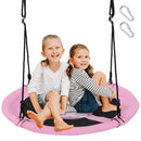 Pink patterned saucer swing shown with two children; two carabiners included