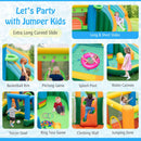 Slides, basketball hoop, pitching game, splash pool, soccer goal and jumping zone