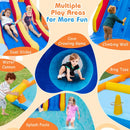 Separate views of the dual slides, climbing wall, crawl-through cave, water cannon, pools and ring-toss posts